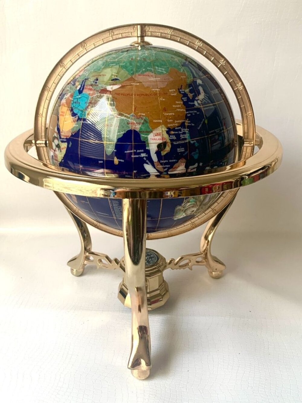 Semi-Precious Gemstone Inlay World Globe With Brass Stand & Integrated Compass